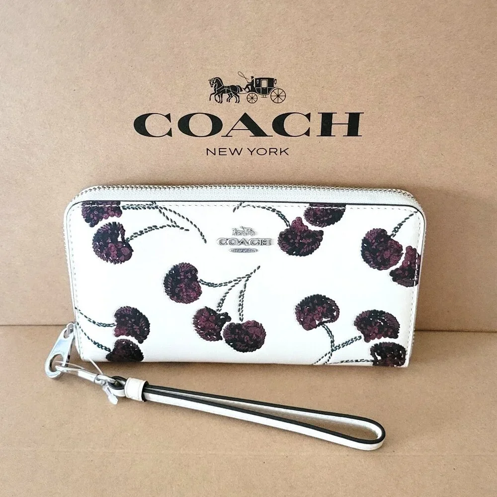 Coach CDE92 Long Zip Around Wallet Cherry Embossed Print Leather Chalk Multi - Picture 2 of 7